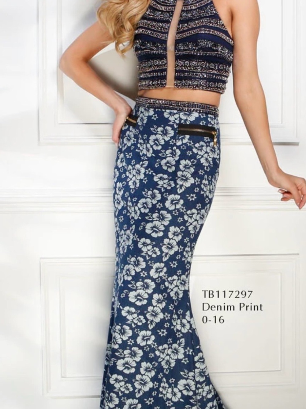 Tony Bowls Navy Floral Denim-Print Maxi Skirt
